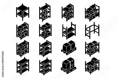 Isometric icons of warehouse shelving and pallets with boxes