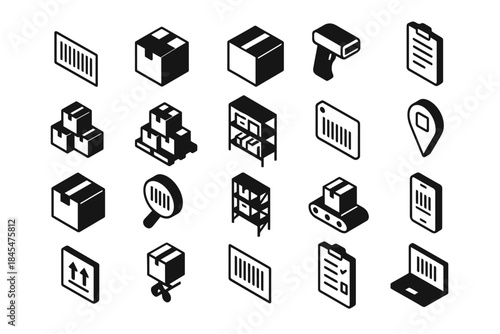 Isometric warehouse icons: inventory, barcode, packaging, shipping, logistics