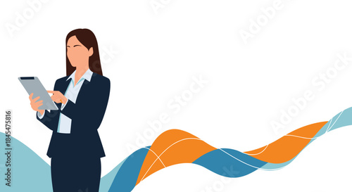 Professional businesswoman in a formal suit using a digital tablet for work, with abstract waves and ample copy space for text.