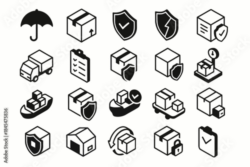 Black and white shipping and protection icons including umbrella and shield