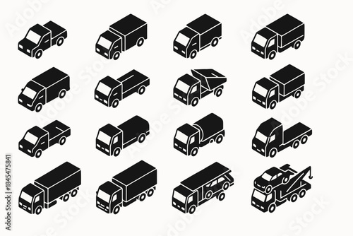 Isometric icons of various trucks and utility vehicles
