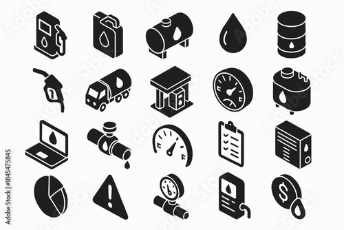Set of fuel and oil industry icons in black and white