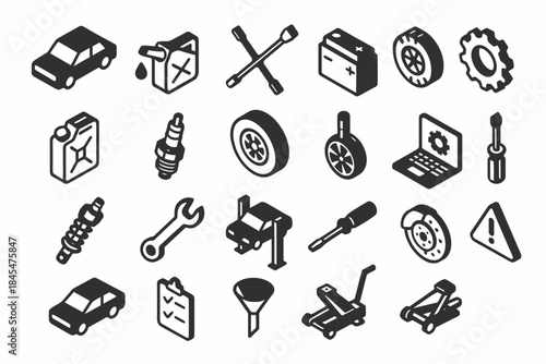 Car maintenance tools and auto parts icons in black and white