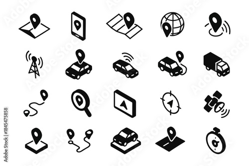 Collection of iconic gps and navigation symbols in black and white design
