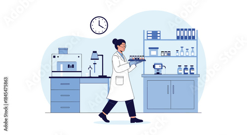 Female scientist in a lab coat carrying a tray of test tubes through a modern, well-equipped scientific research laboratory.