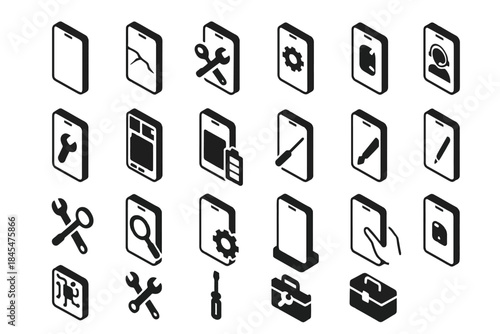 Isometric smartphone repair and maintenance icons collection