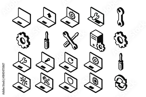 Laptop and tool icons set for technology and repair themes