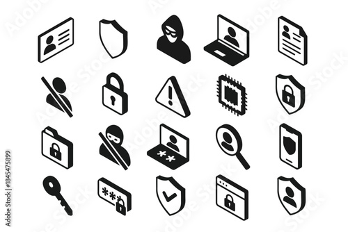 Cybersecurity icons set with hacker, lock, warning, and shield