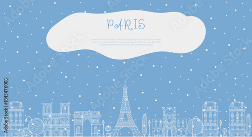 Winter Paris background horizontal banner with architecture skyline in hand drawn sketch doodle style in white contour in color of year 2026 Cloud dancer. Snow fall. Space for text.