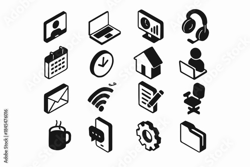 Set of black and white icons representing office and communication tools