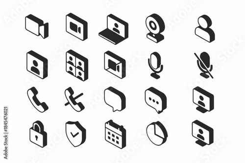 Isometric communication icons set: video calls, audio, chat, security