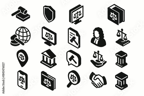 Law and justice icons collection featuring legal symbols and court elements
