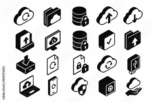 Tech icons: cloud, data, security, upload, download symbols in black and white