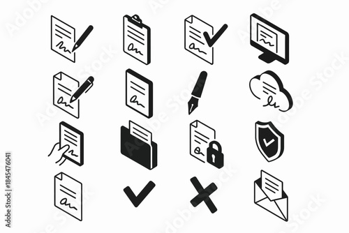 Document and file icons: checklist, cloud, lock, pen, computer, security