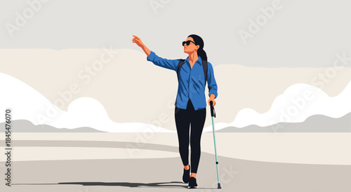 Determined woman with a backpack and walking stick hiking through a minimalist landscape, pointing towards her destination.