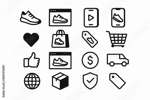 E-commerce icon set featuring shoe, shopping cart, and delivery symbols