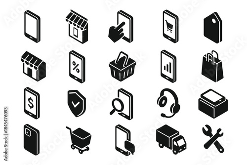 Isometric black icons representing e-commerce and mobile shopping concepts