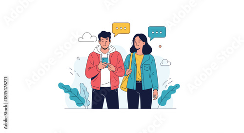 Young couple walking and talking, with the man looking concerned at his phone while the woman smiles, illustrating modern communication.