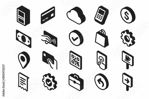 Set of isometric icons: finance, technology, shopping, and navigation