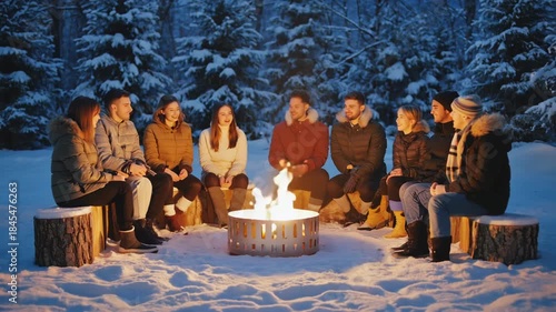 A cozy outdoor scene with a group of people gathered around a glowing fire pit during the winter solstice, wearing warm clothing, with snow on the ground, starry night sky, and festive decorations 