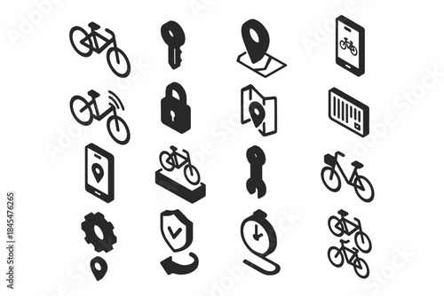 Isometric icons of bicycles, locks, maps, and technology elements