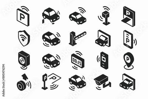 Isometric smart parking icons set: vehicles, gates, cameras, payment systems