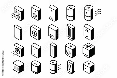 Isometric collection of air purifiers and humidifiers in black and white design