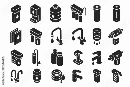 Set of isometric water filtration and purification icons in black and white