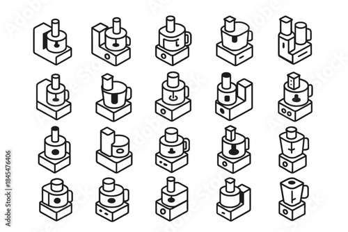 Isometric coffee maker icons set in black and white minimal design