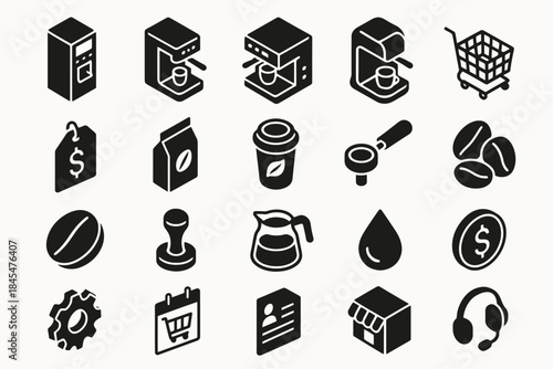 Coffee icons set featuring machines, beans, and accessories in black silhouettes