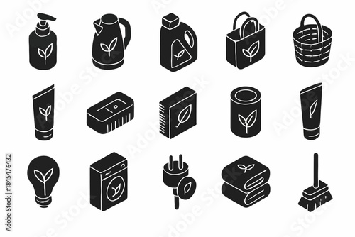 Eco-friendly household and personal care icons with leaf symbol set