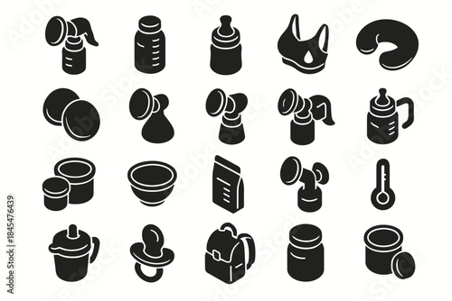 Baby feeding and care icons collection: bottles, pacifiers, nursing pads, thermometer