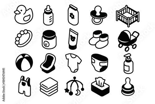 Black and white icons of baby products: duck, bottle, pacifier, crib, and more