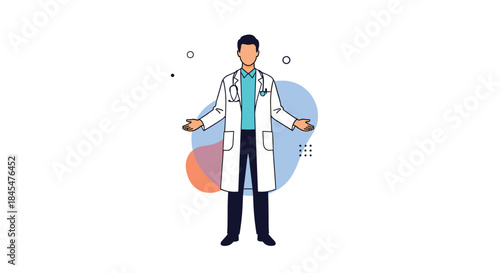 Friendly male doctor in a white lab coat with a stethoscope making a welcoming gesture against a simple abstract background.