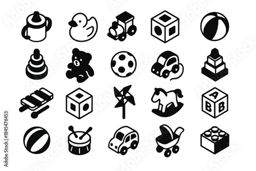 Collection of black and white toy icons: duck, car, blocks, teddy bear, horse