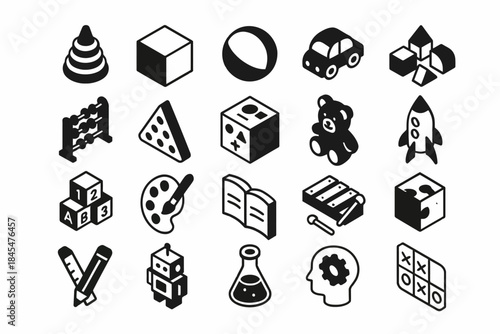 Black and white icon set of children's toys and educational items