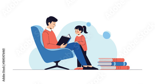 Caring father reads a storybook aloud to his attentive young daughter, sharing a special moment of family learning and bonding.