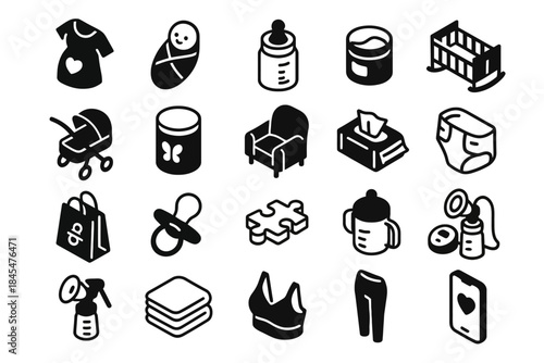 Baby essentials icons: clothing, bottles, toys, crib, stroller, diaper bag