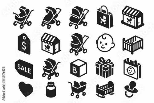 Icons of baby essentials: strollers, shops, cribs, and toys in black and white