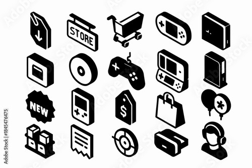 Retro gaming icons: controllers, consoles, shopping cart, headphones, tags, download symbol