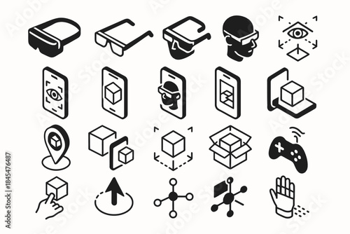 Virtual reality and augmented reality icons set