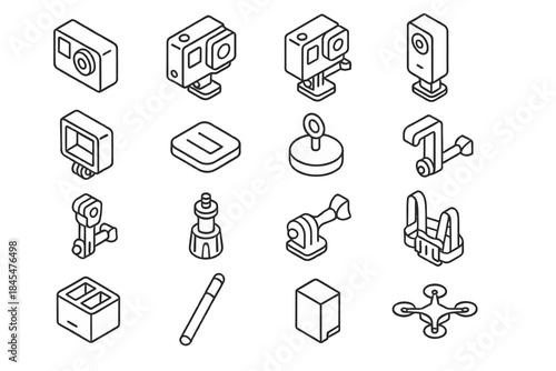 Outline icons of camera gear and accessories in a grid layout