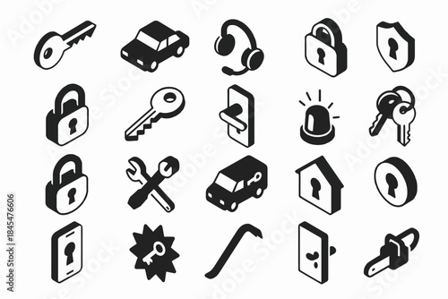 Isometric security and locksmith icons set: keys, locks, tools, and alarms