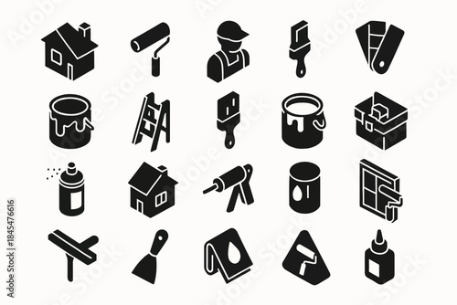 Black and white icons of home improvement tools and supplies