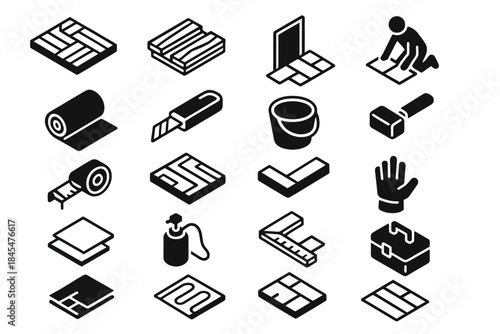 Icons of flooring tools and materials: cutter, tiles, roller, hammer, bucket