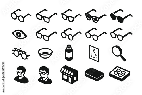 Various eye care icons including glasses, eye chart, and magnifying glass