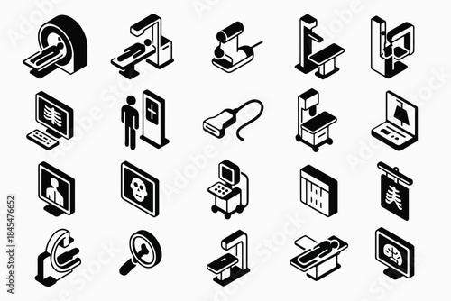 Medical imaging and diagnostic equipment icons: mri, ultrasound, x-ray, ct scan, mammography
