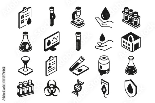 Set of medical and laboratory icons: blood test, dna, microscope, safety, research