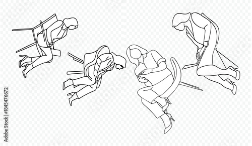 Set of silhouettes of women in front view, standing and seated