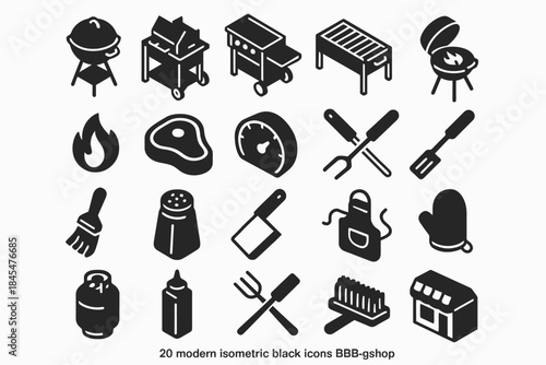 Collection of modern isometric black bbq and grilling icons